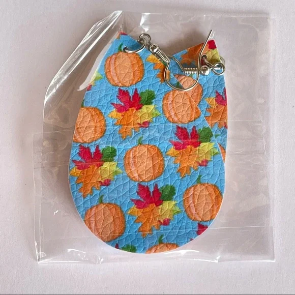 Fall/Autumn blue & orange pumpkin & leaves faux leather earrings - Picture 2 of 3